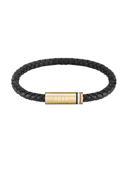 BOSS Mens Ares Black Braided Leather Bracelet 1580624