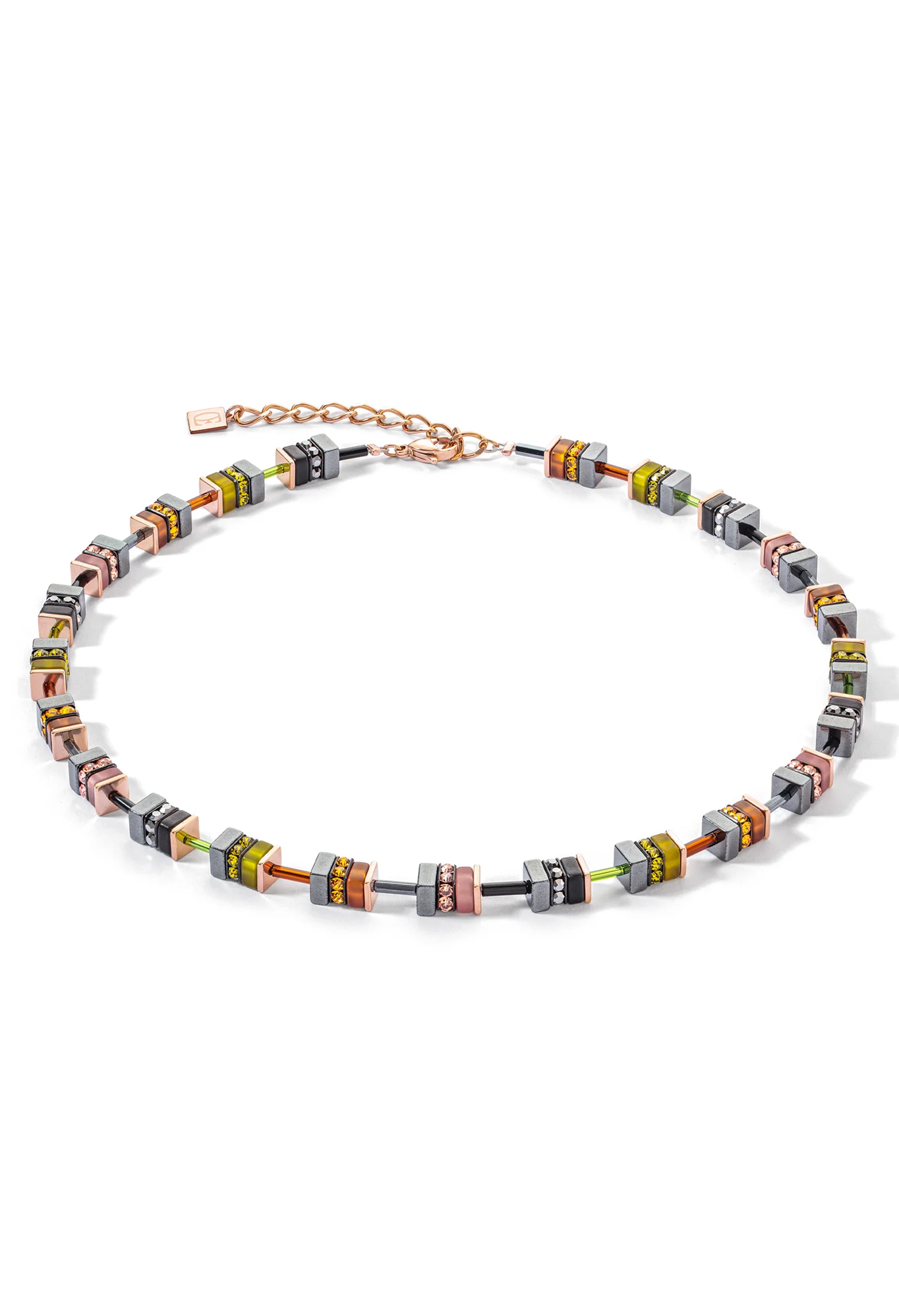 Coeur De Lion Geocube Olive Brown Black Necklace Rose Gold Plated Coeur De Lion Geocube Olive Brown Black Necklace Rose Gold Plated