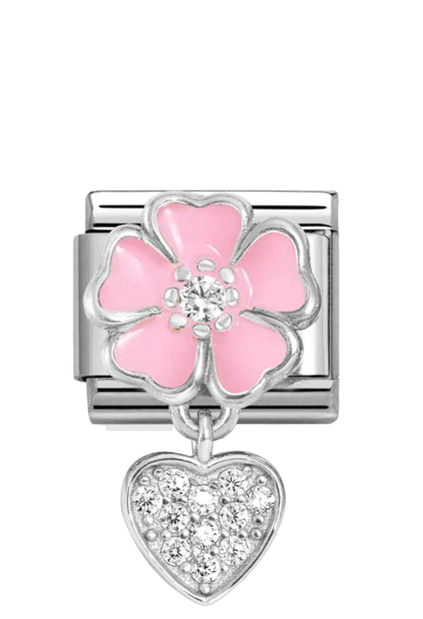 Nomination Composable Classic Link Pink Enamel Flower With Heart Drop in Silver