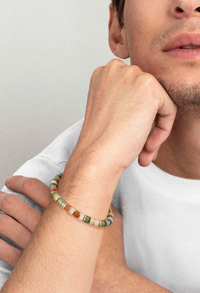 Man wearing Nomination Instinct Style Mix bracelet. PVD finish detail of the bracelet, showing it being worn on wrist.