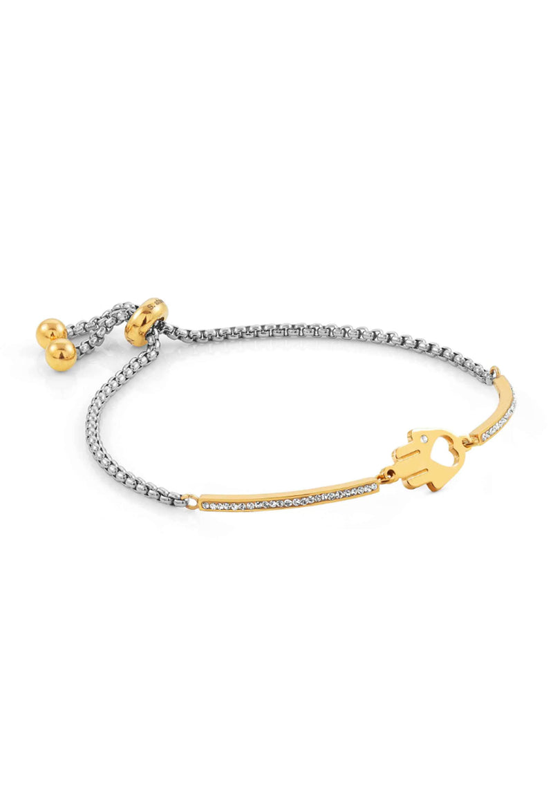 Nomination Hamsa bracelet in golden PVD stainless steel. Spiritual jewelry design with crystal accents and adjustable chain.