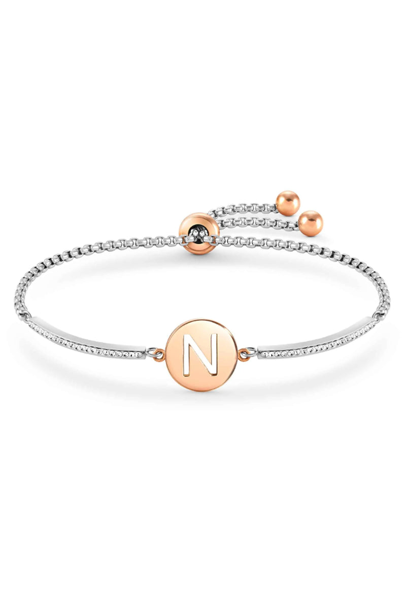 Rose gold plated Nomination bracelet featuring letter "N", showcasing the Milleluci initial design on a delicate silver