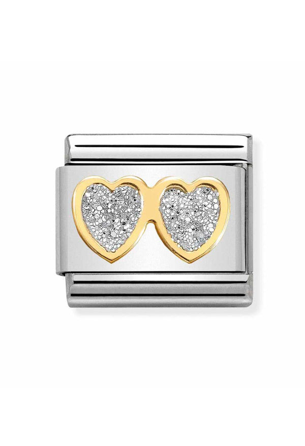 The Nomination Composable Classic Link 18k Double Glitter Hearts charm, gold and silver metal jewellery from Nomination Italy, at OD’s Jewellers in St Helens.