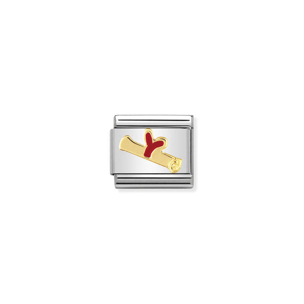 Composable charm depicting an 18K gold diploma with red ribbon. Nomination Classic link for personalized jewelry.