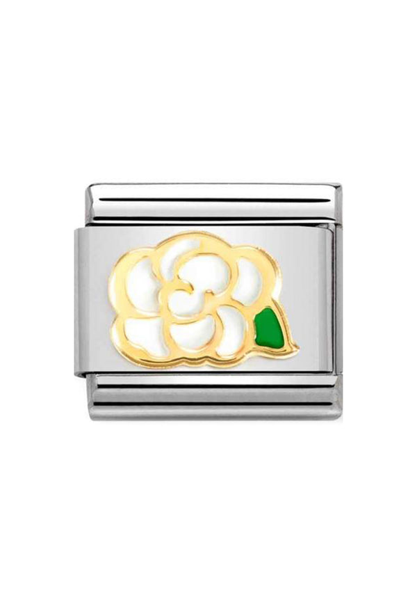 Nomination Composable Classic SYMBOLS WHITE CAMELLIA in Steel, Enamel and 18k Gold
