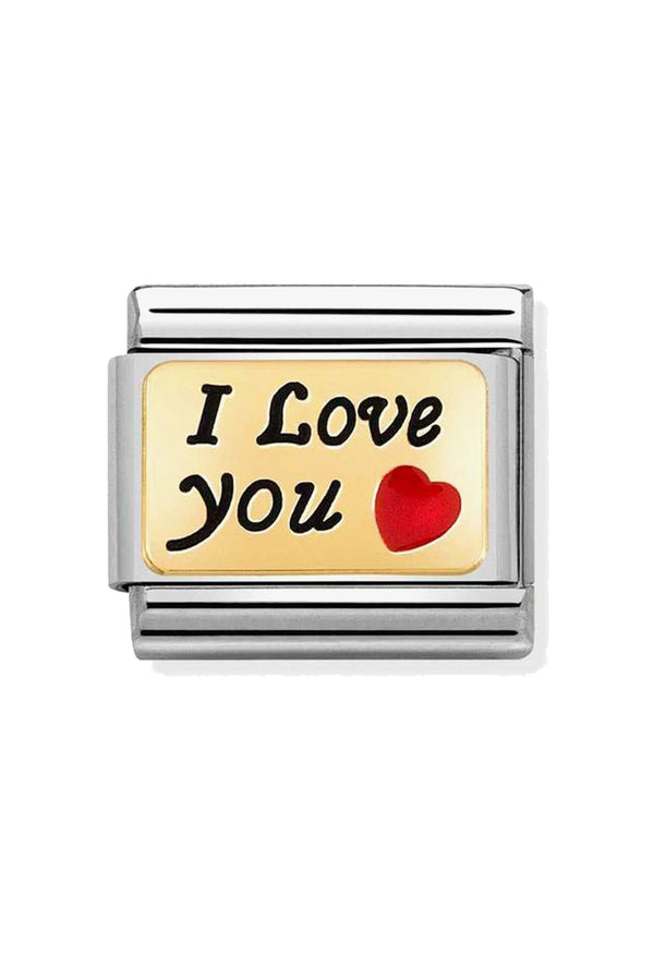 The Nomination I Love You Link charm, a silver metal charm with gold enamel plaque, from Nomination Italy, at OD’s Jewellers in St Helens.