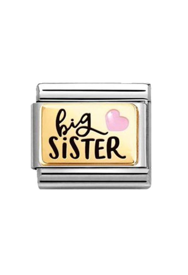 "Big Sister" Nomination charm plate with 18K gold detailing, showcasing love and sisterhood in a Composable bracelet.