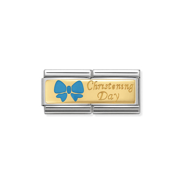 Nomination Composable Classic Link Double Engraved Light Blue Christening Day in Steel Enamel and 750 Gold *