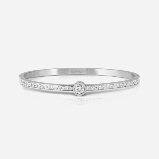 Nomination bangle featuring central cubic zirconia stone & pave CZ detail. Stainless steel bracelet for women.
