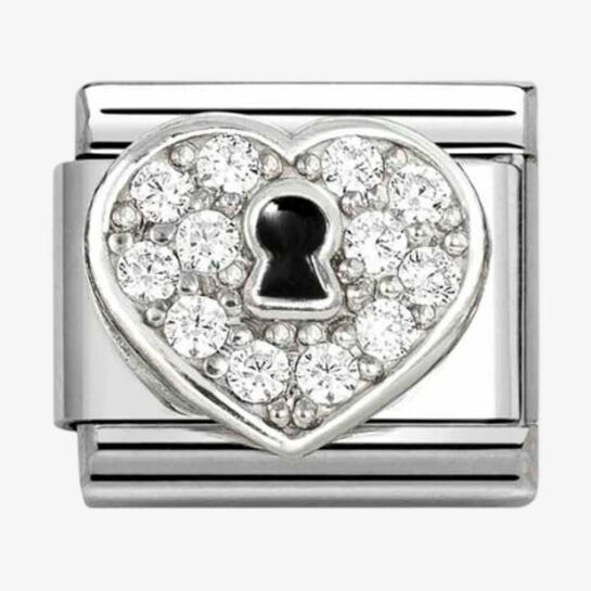 Composable charm featuring a heart-shaped keyhole design with sparkling CZ stones. Nomination jewelry detail.