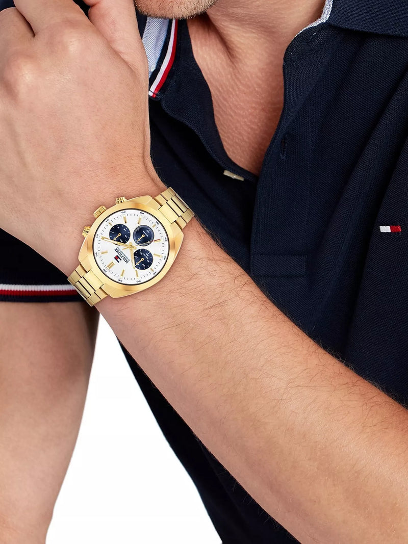 Tommy Hilfiger Men's Gold Plated Hudson, White Chronograph Dial, Bracelet Watch 1710723