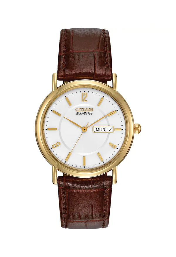 The Citizen Gents Eco-Drive Day Date White Dial Strap Watch, gold-tone case, brown leather strap, from Citizen, OD’s Jewellers St Helens.