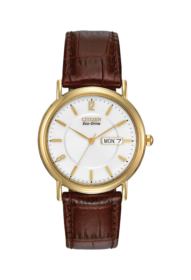 The Citizen Gents Eco-Drive Day Date White Dial Strap Watch, gold-tone case, brown leather strap, from Citizen, OD’s Jewellers St Helens.