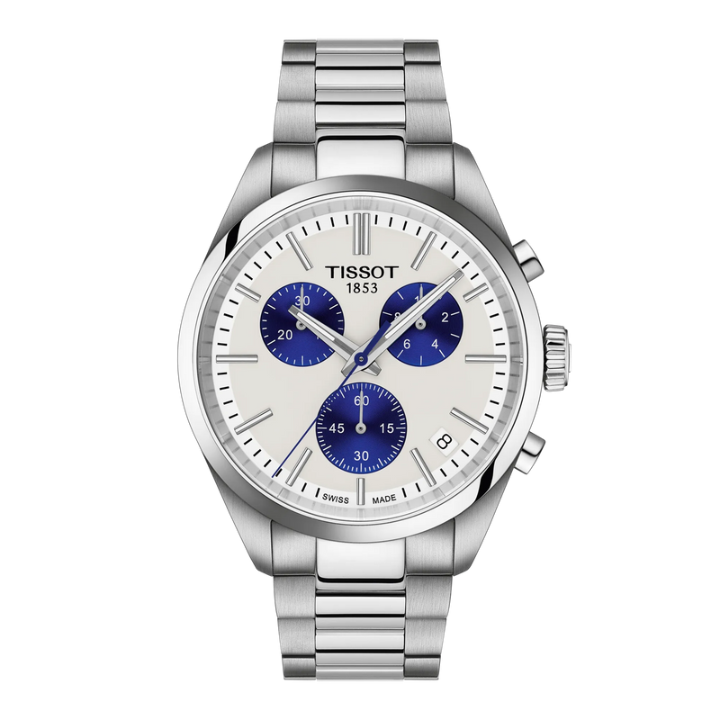 Tissot Mens PR100 40mm White/Blue Chronograph Dial Bracelet Watch T1504171101100