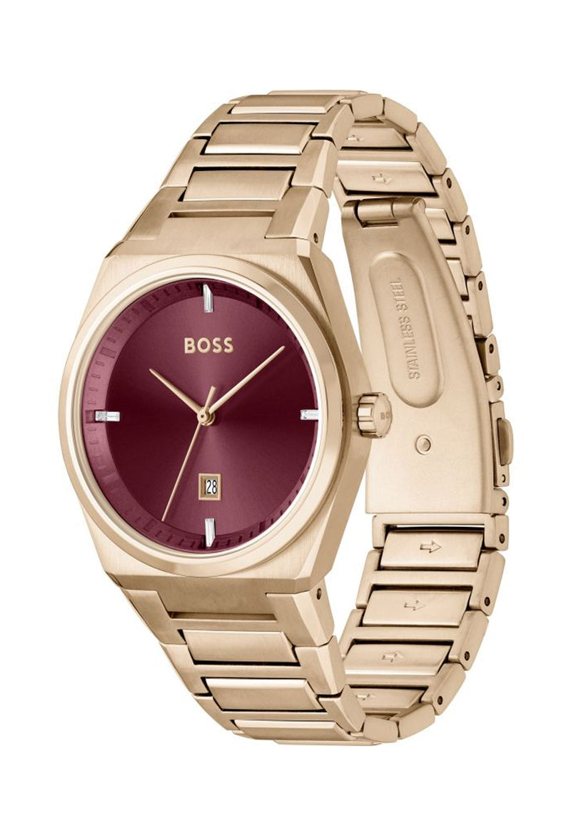 BOSS Ladies Rose Gold Plated Steer Burgundy Dial Watch *