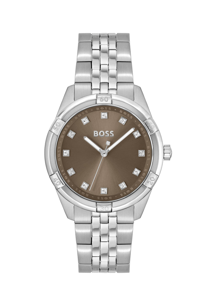 BOSS Ladies Rhea Khaki Crystal Set Dial Stainless Steel Bracelet Watch