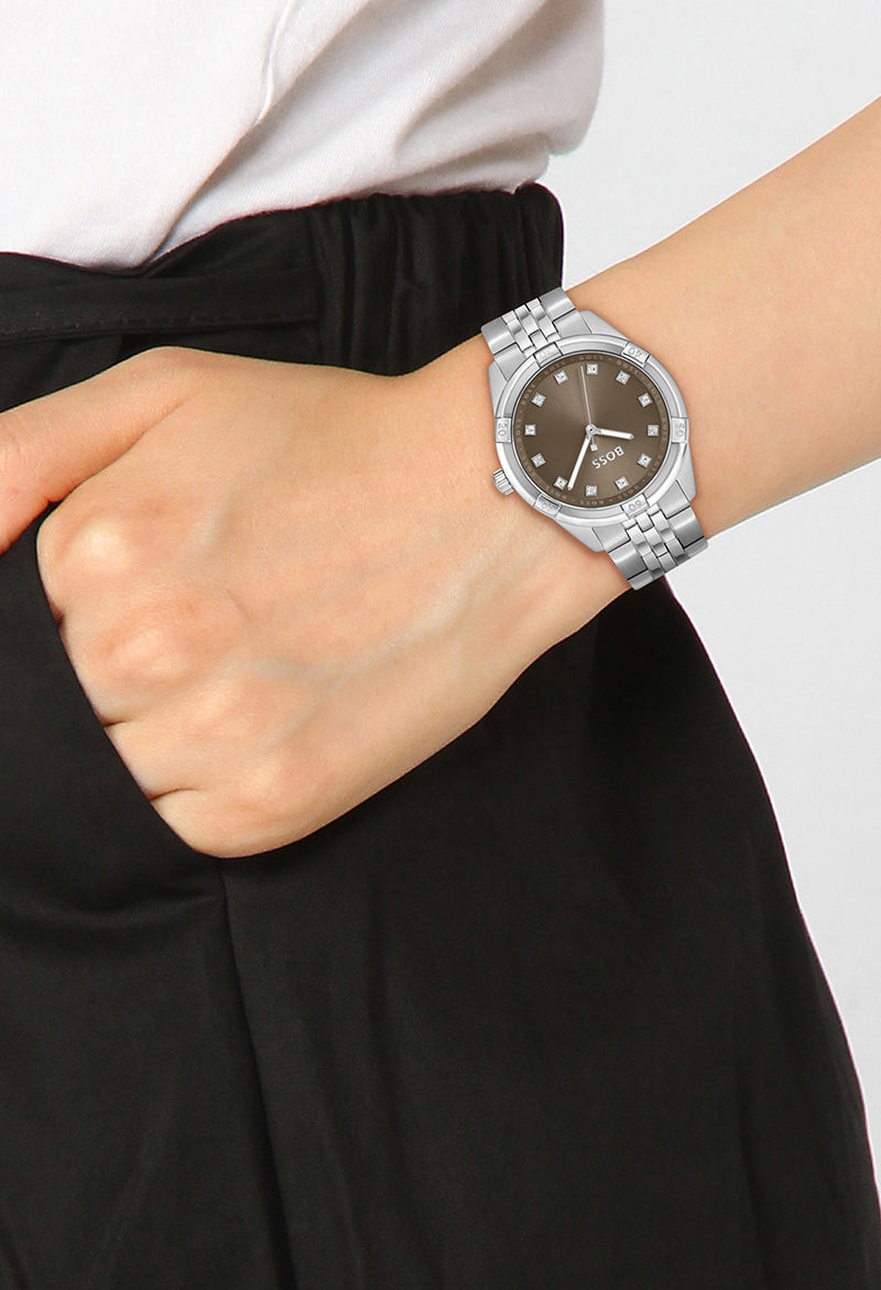 BOSS Ladies Rhea Khaki Crystal Set Dial Stainless Steel Bracelet Watch