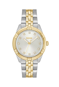 BOSS Ladies Rhea Silver Crystal Set Dial Stainless Steel Gold Plated Bracelet Watch