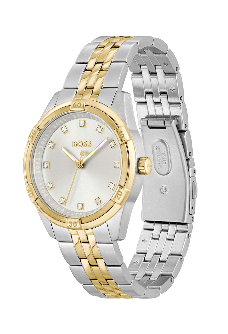 BOSS Ladies Rhea Silver Crystal Set Dial Stainless Steel Gold Plated Bracelet Watch