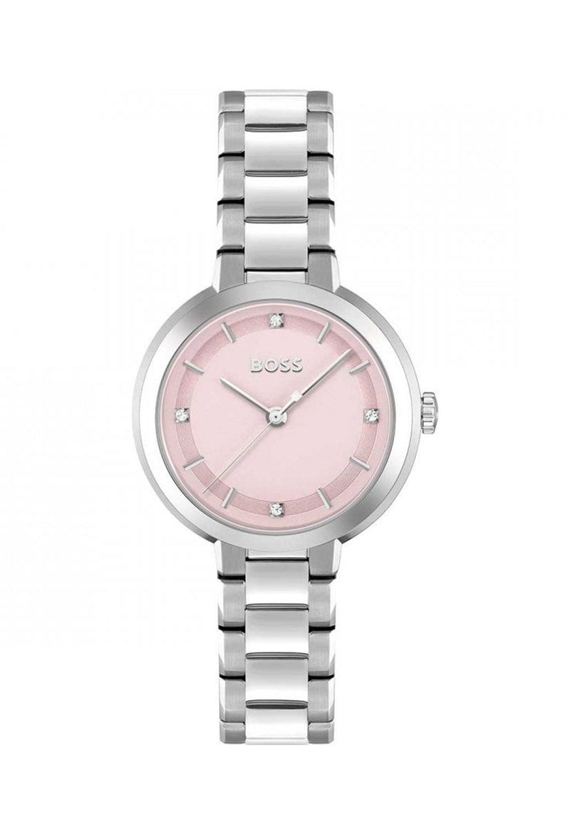 Boss Sena ladies watch showcasing pink dial, stainless steel bracelet, and delicate crystal hour markers, perfect for