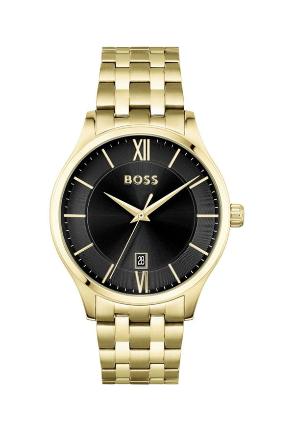 BOSS Gents Elite Black Dial Gold Plated  Bracelet Watch