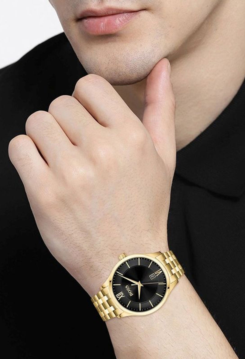 BOSS Gents Elite Black Dial Gold Plated  Bracelet Watch