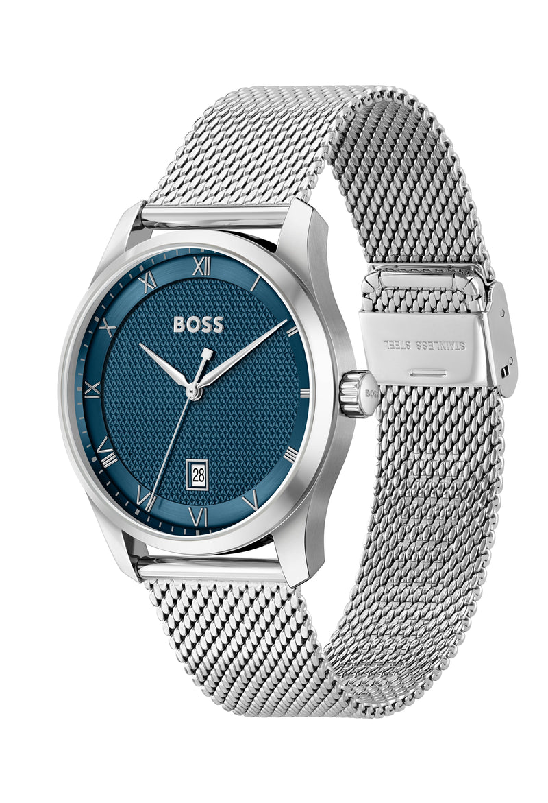 BOSS Gents Principle Blue Roman Dial Mesh Bracelet Stainless Steel Watch