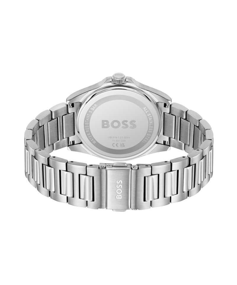 Close-up of the BOSS Strike watch back showing the stainless steel band and water resistance detail. "BOSS" logo is visible.