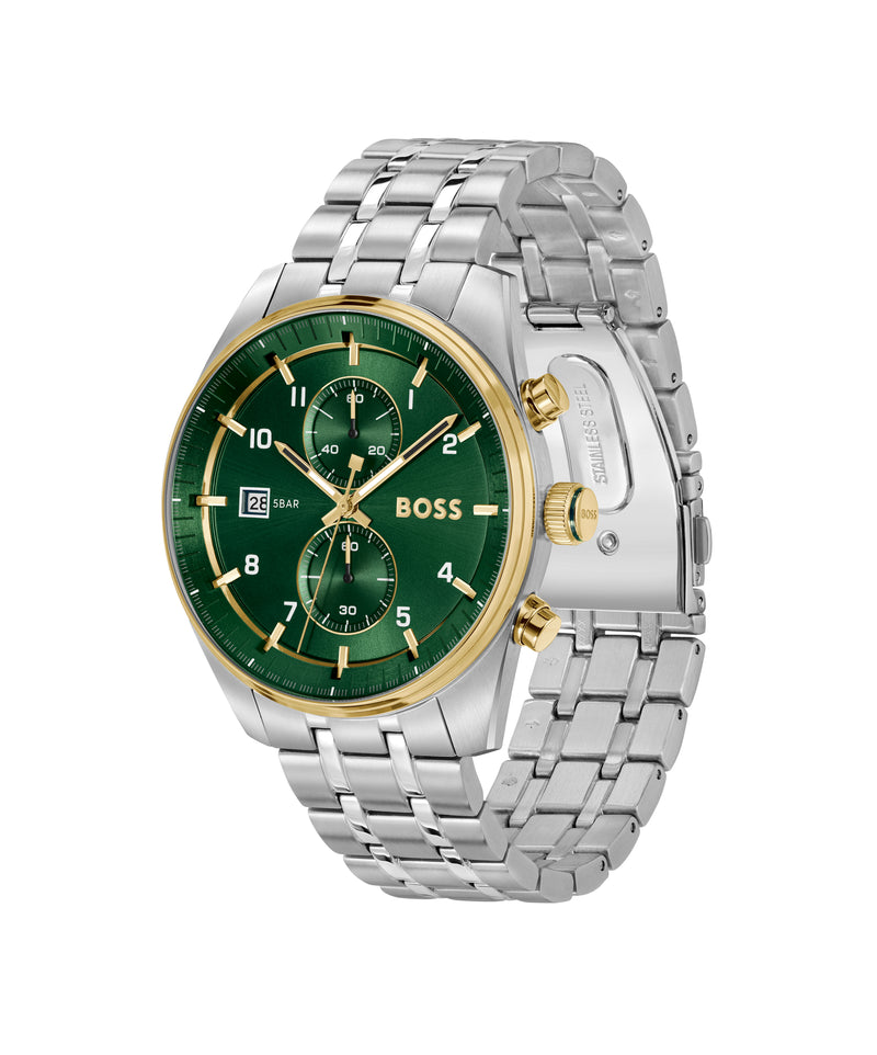 BOSS Mens Skytraveller Green Dial Bracelet Watch Stainless Steel