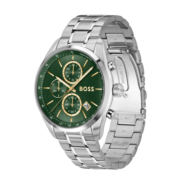 Mens Stainless Steel Grand Prix Green Chronograph Dial Bracelet Watch 1514266