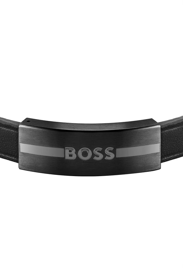 BOSS Gents Luke Black Leather With Black IP Plate Stainless Steel Bracelet