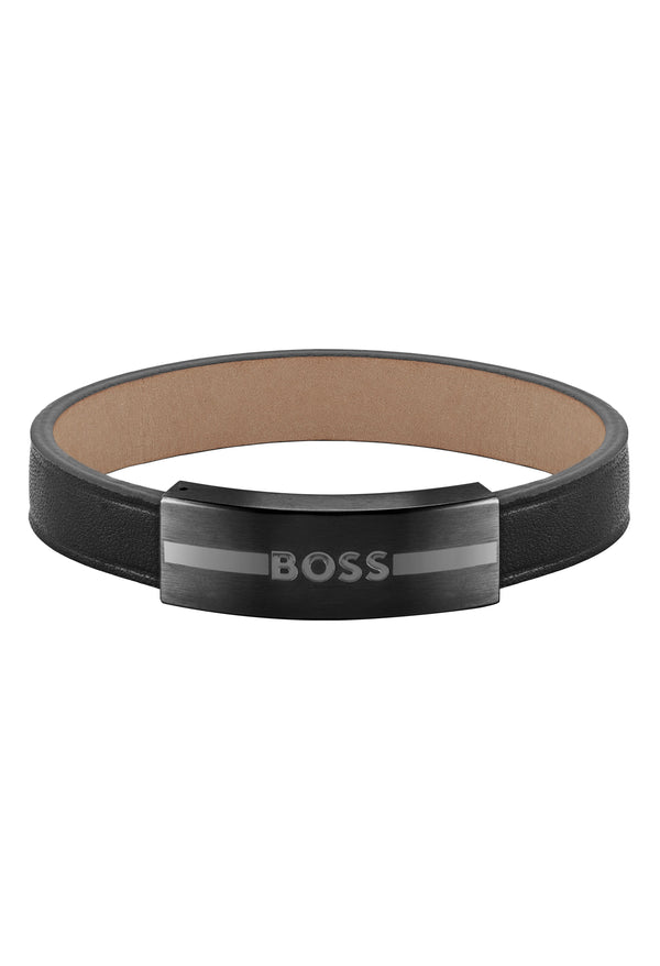 BOSS Gents Luke Black Leather With Black IP Plate Stainless Steel Bracelet
