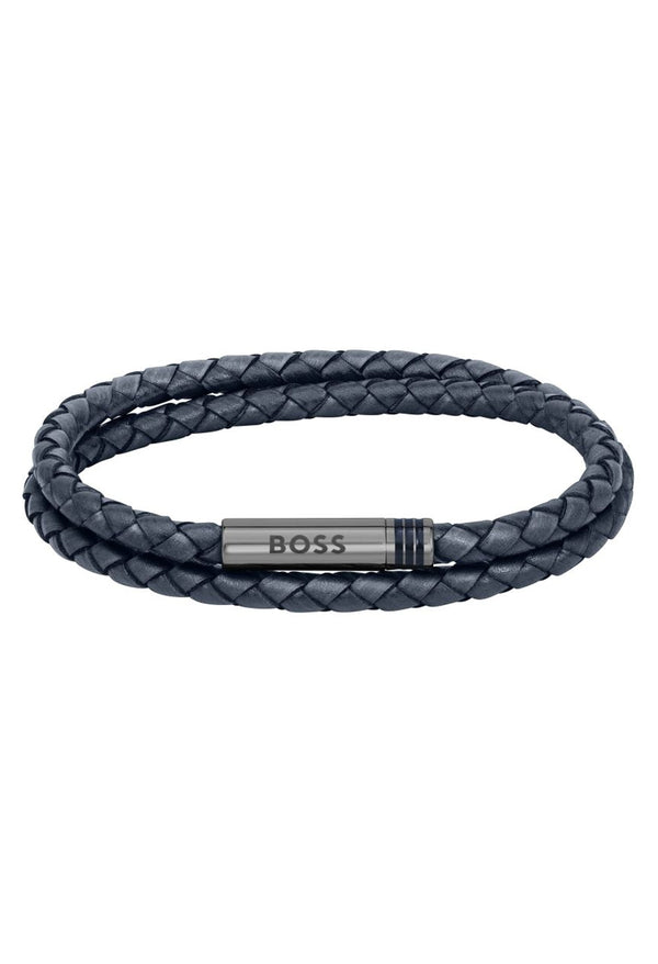 BOSS Gents Ares Navy Double Wrap Stainless Steel Bracelet