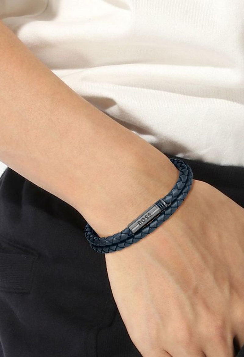 BOSS Mens Ares Navy Double Wrap Stainless Steel Bracelet