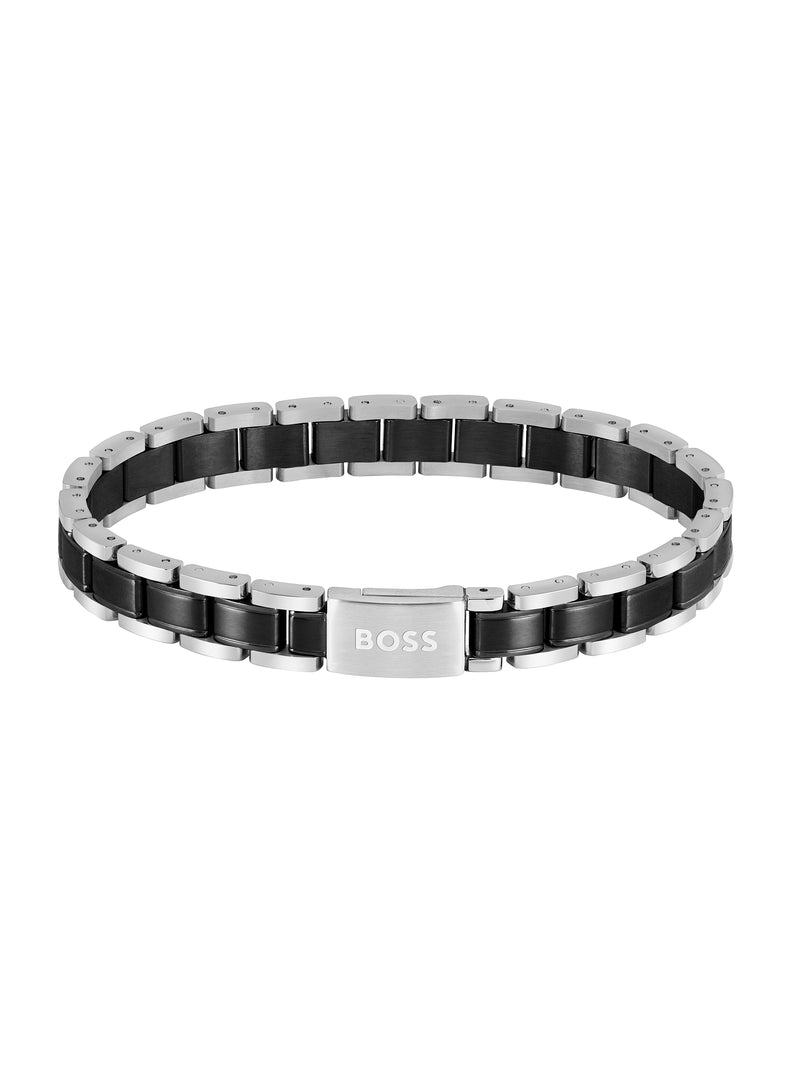 BOSS Mens Metal Link Essentials Bracelet Black and Stainless Steel