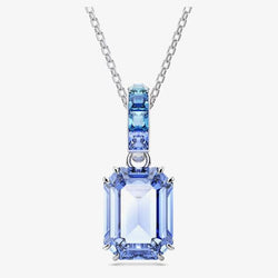 Swarovski Millenia: Blue Octagon Cut Pendant And Long Chain Rhodium Plated
