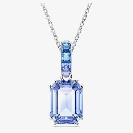 Swarovski Millenia: Blue Octagon Cut Pendant And Long Chain Rhodium Plated