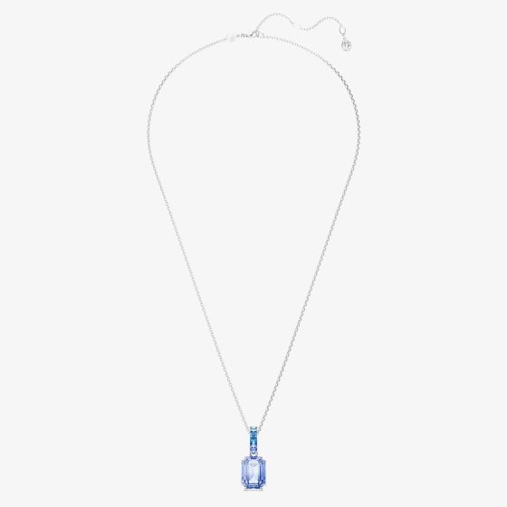Swarovski Millenia: Blue Octagon Cut Pendant And Long Chain Rhodium Plated