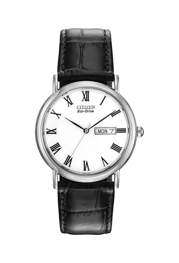 The Citizen Gents Eco-Drive Day/Date White Dial Strap Watch, a silver stainless steel watch from Citizen, OD’s Jewellers in St Helens.