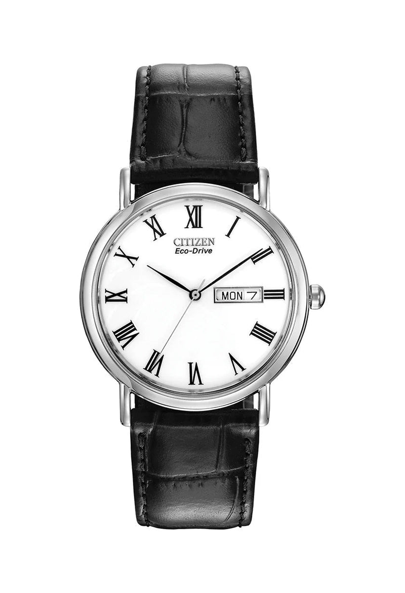 The Citizen Gents Eco-Drive Day/Date White Dial Strap Watch, a silver stainless steel watch from Citizen, OD’s Jewellers in St Helens.