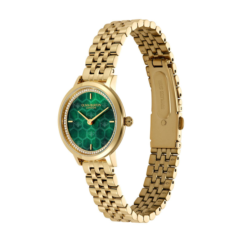 Ladies Olivia Burton Honeycomb Ultra Forest Green Dial Bracelet Watch Gold Plated