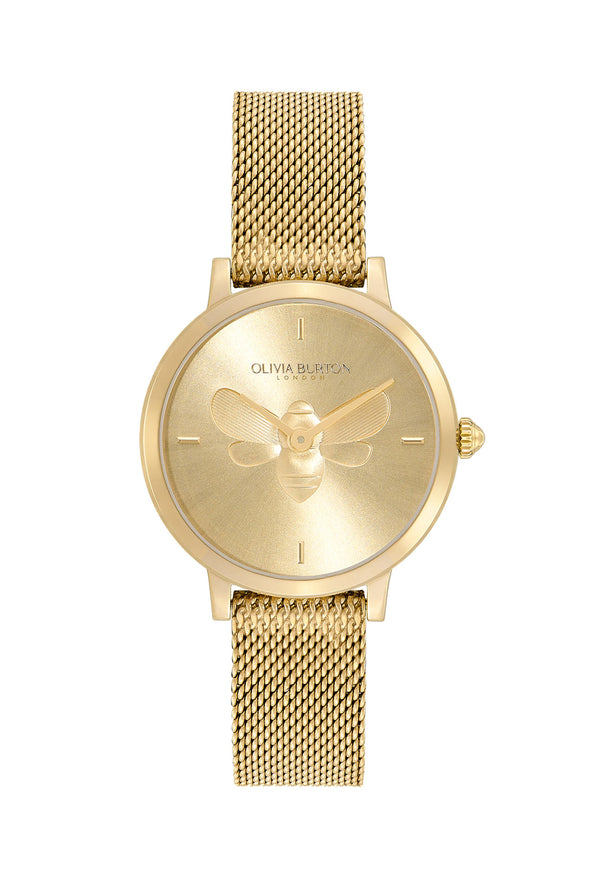 Olivia Burton Ladies Ultra Slim Bee Gold Plated Mesh Bracelet Watch