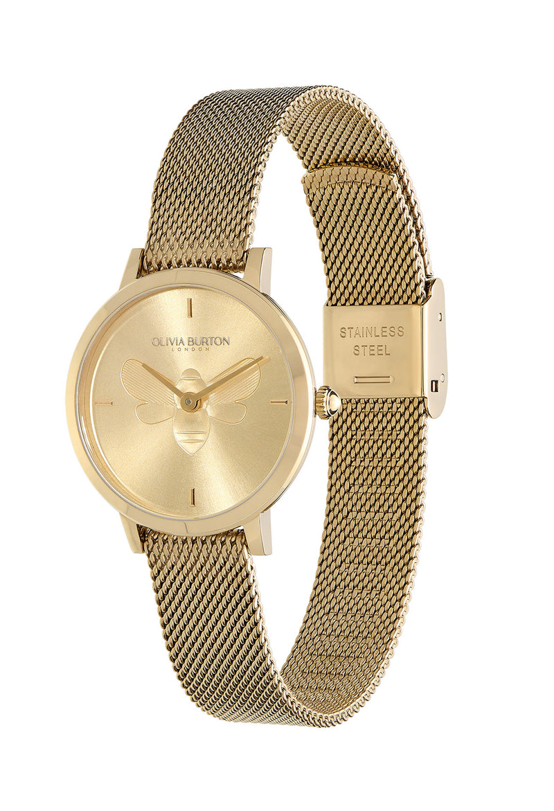 Olivia Burton Ladies Ultra Slim Bee Gold Plated Mesh Bracelet Watch