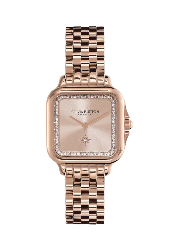 Women's Olivia Burton Grosvenor Square Pink Crystal Dial Bracelet Rose  Gold Plated Watch