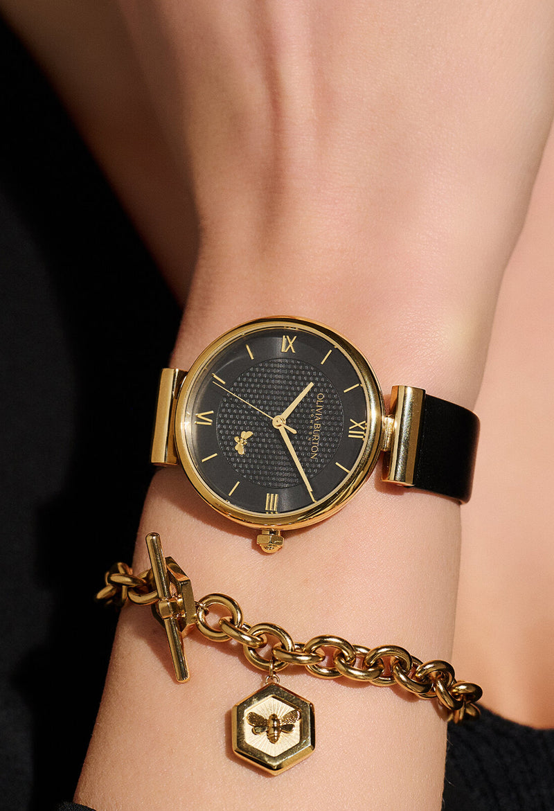 Women's Olivia Burton Minima Bee Black Dial Strap Gold Plated Watch