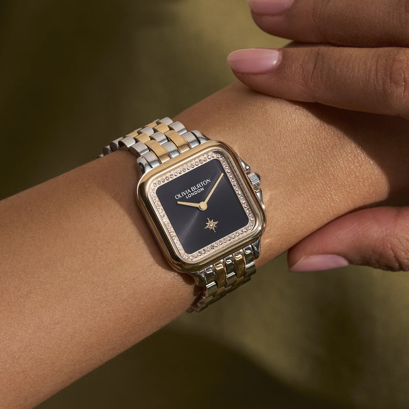 Women's Olivia Burton Grosvenor Square Black Crystal Dial Bracelet Stainless Steel Gold Plated Watch