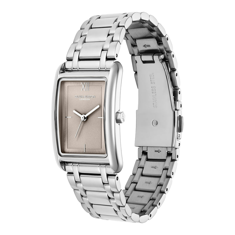 The Olivia Burton Ladies Classics Grove Grey Tank Dial Bracelet Watch, a grey stainless steel bracelet watch from Olivia Burton, OD’s Jewellers St Helens