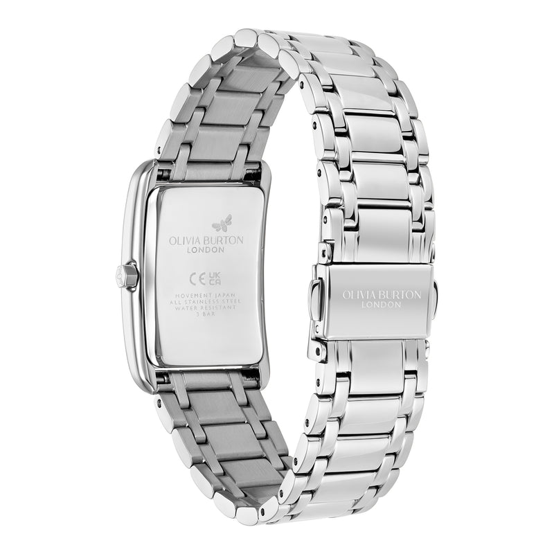 The Olivia Burton Grove grey tank dial bracelet watch, a stainless steel bracelet watch from Olivia Burton, available at OD’s Jewellers in St Helens
