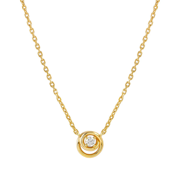 Gold necklace featuring a Nomination Cosmiclove circular pendant with a cubic zirconia stone. Elegant jewelry detail.