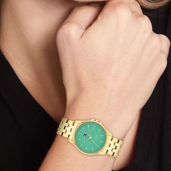 Tommy Hilfiger Ladies Jade Green Dial Bracelet Watch Gold Plated